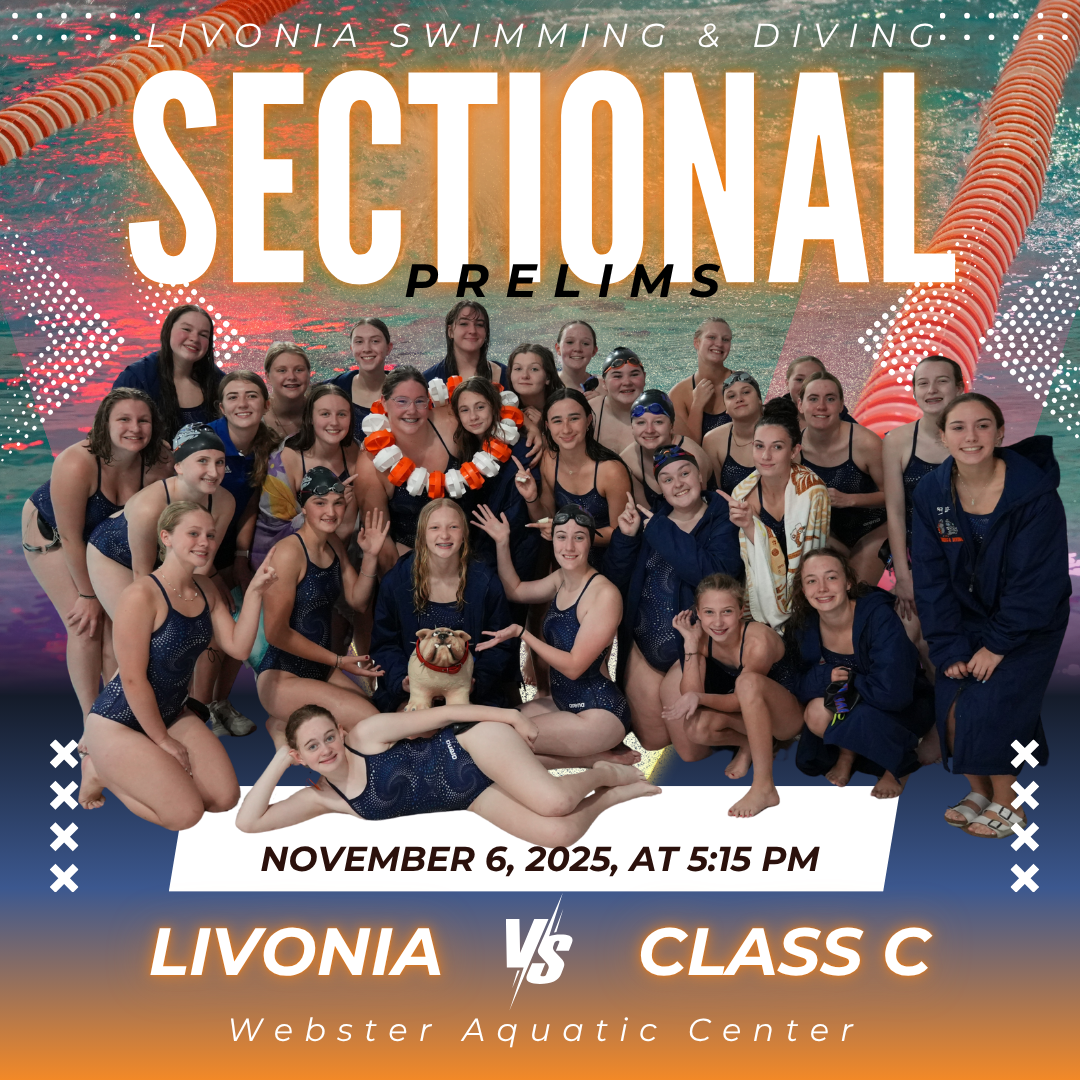 A swim team poses for a photo, with 'Sectional Prelims' text overhead.