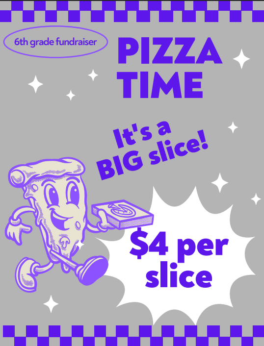 A pizza slice character promotes a fundraiser with the text 'Pizza Time'.