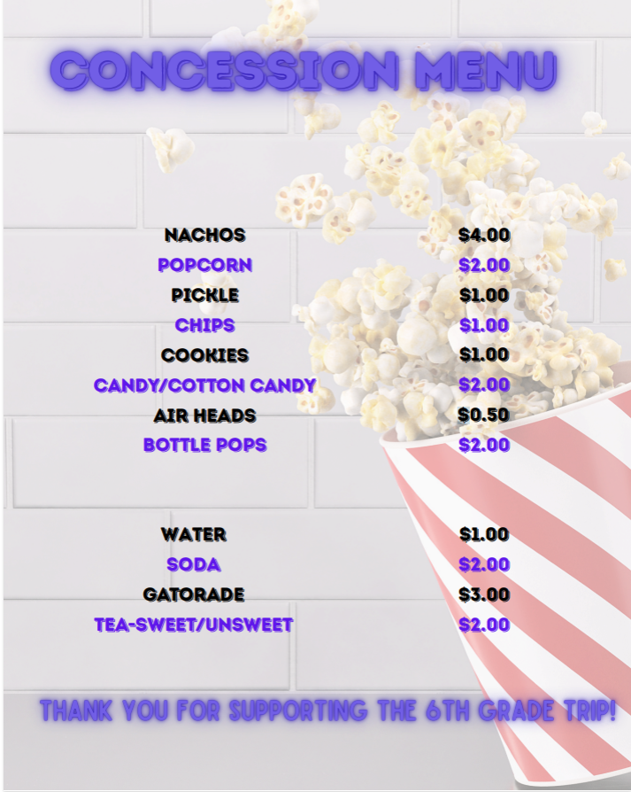Concession menu with popcorn graphic, listing snacks and drinks with prices.