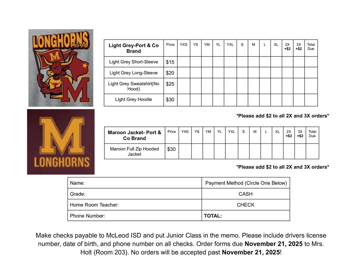 Order form for Longhorns apparel, including shirts and jackets, with size and price options.
