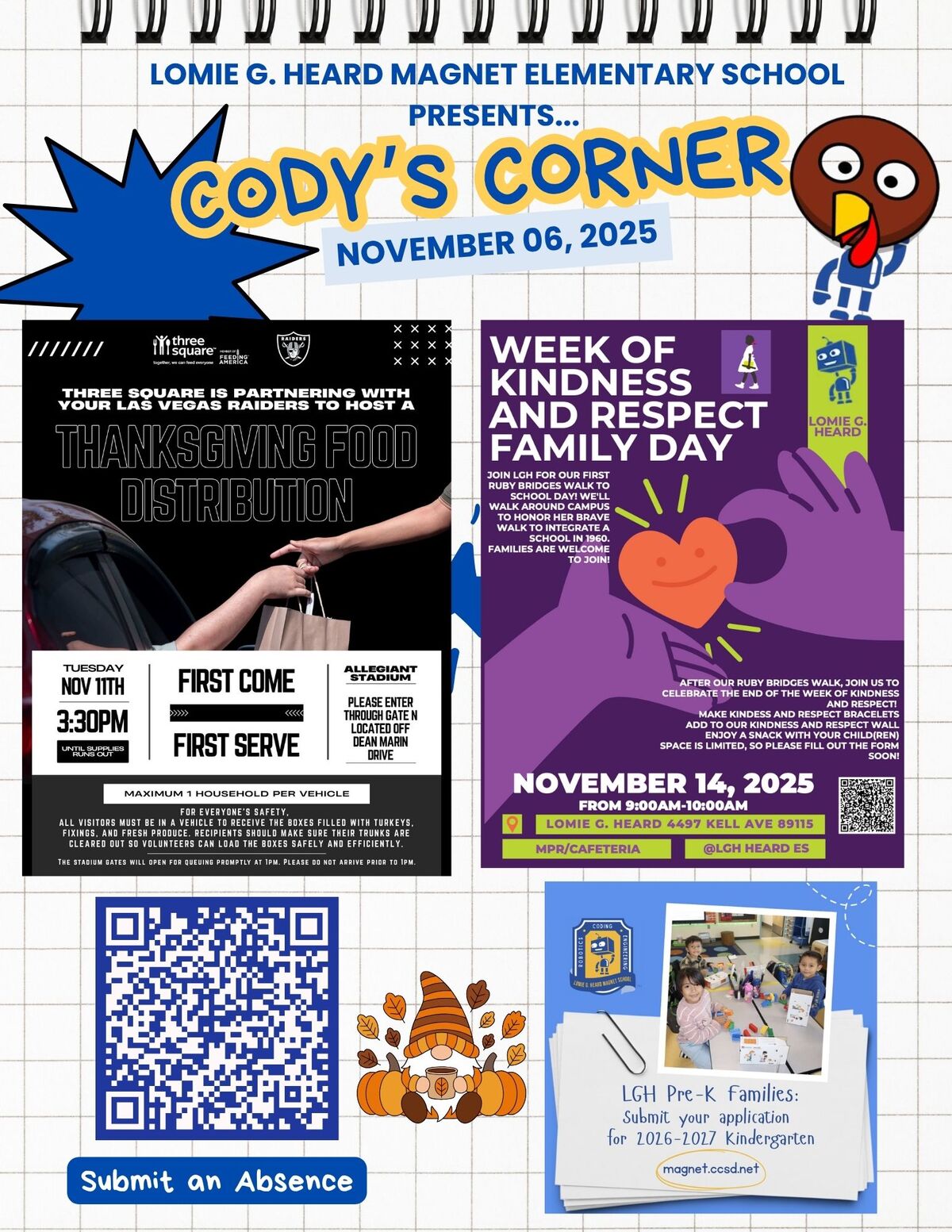 A flyer announces events at Lomie G. Heard Magnet Elementary School, including Cody's Corner and a Thanksgiving food distribution.