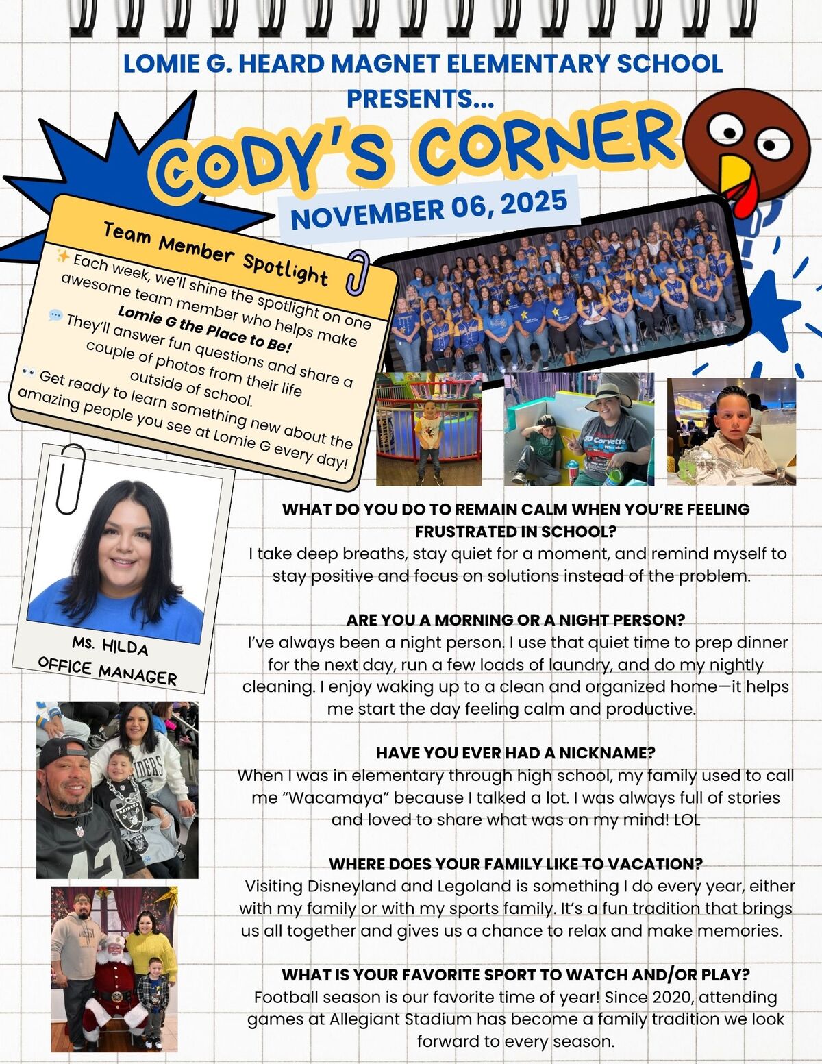 A school newsletter titled 'Cody's Corner' features a team member spotlight.
