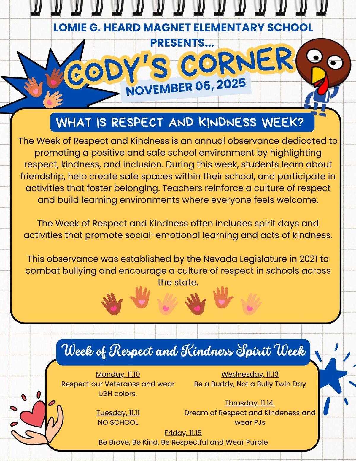 A school flyer announces 'Cody's Corner' for Respect and Kindness Week.