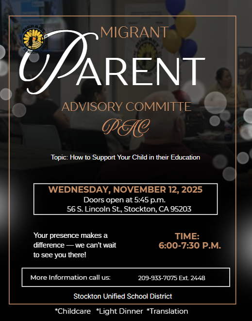 Flyer for a Migrant Parent Advisory Committee meeting, with details on date, time, and location.