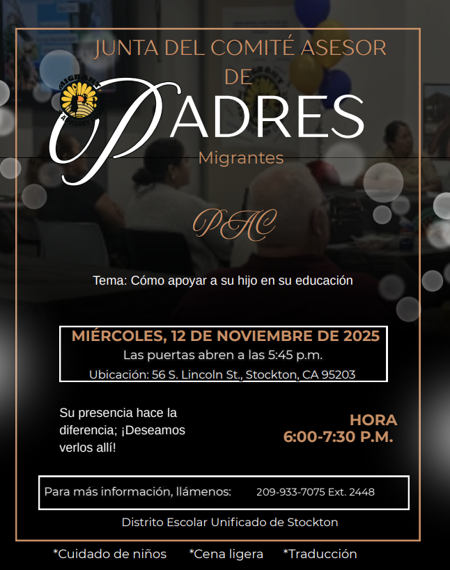 An event flyer in Spanish announces a meeting for migrant parents.