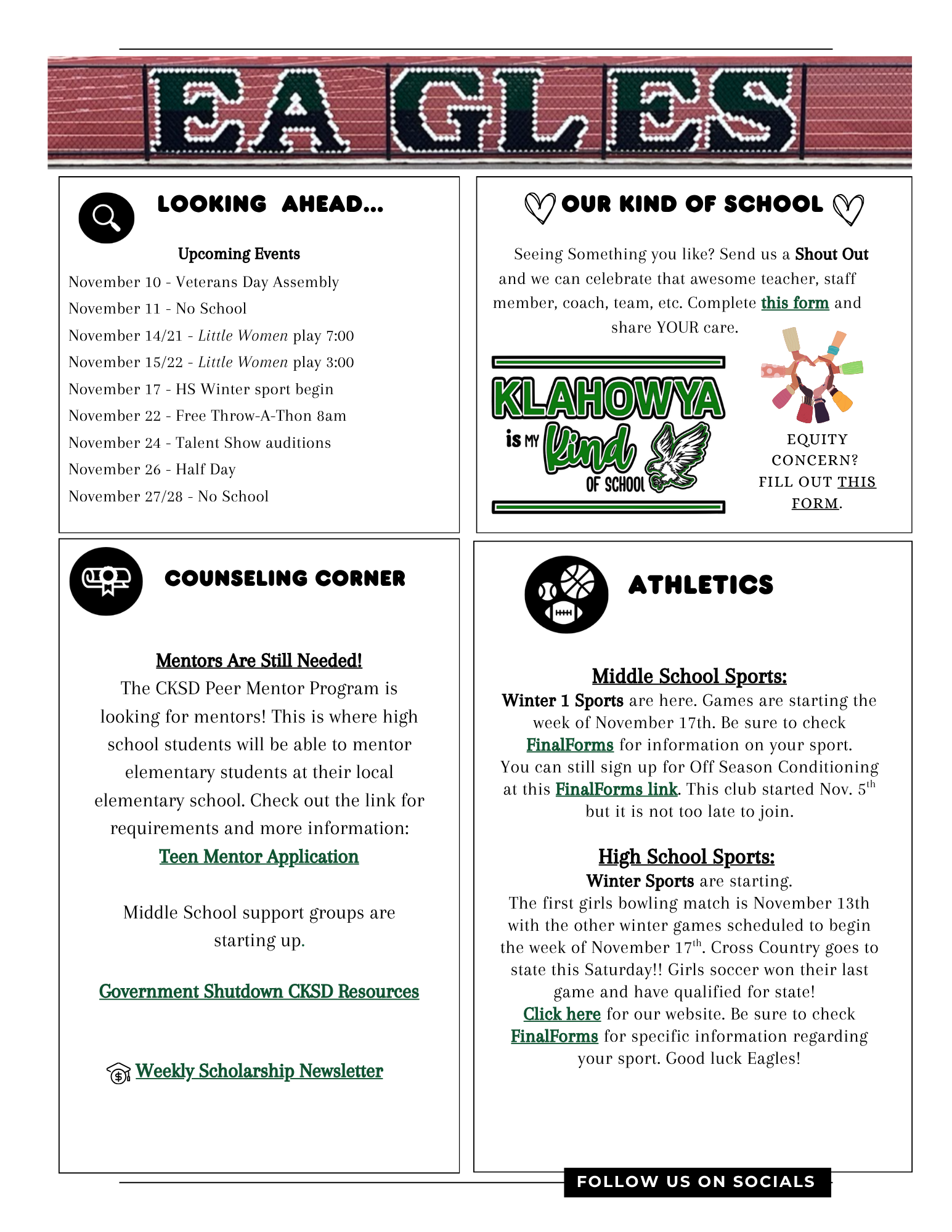 School bulletin board with upcoming events, school information, and sports updates.