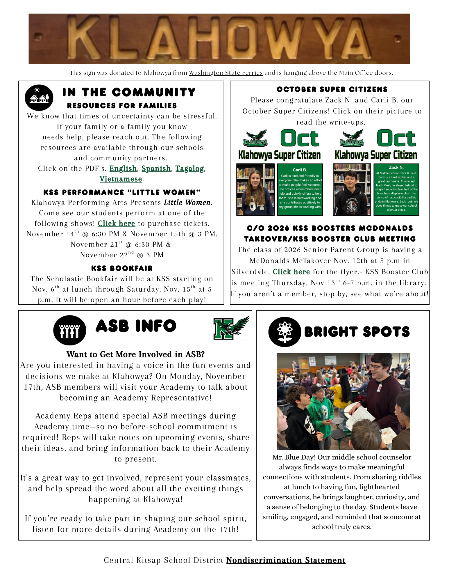 A school bulletin board displays announcements about events and resources.