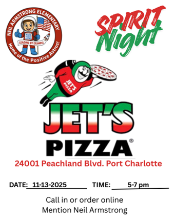 Flyer for a Jet's Pizza Spirit Night fundraiser for Neil Armstrong Elementary.