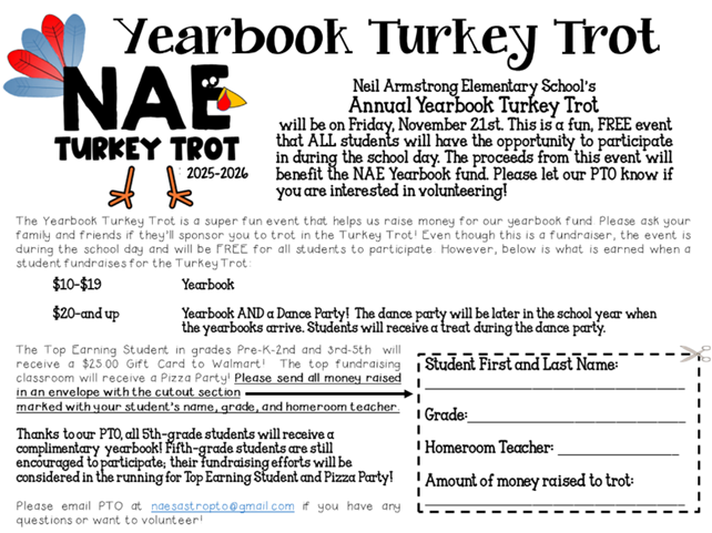 Flyer for the NAE Turkey Trot, a fundraising event for the yearbook.