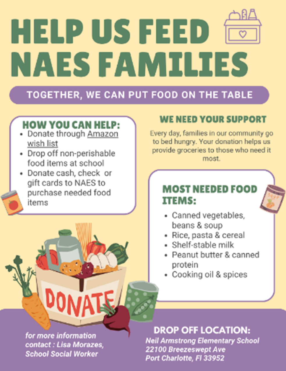 Poster asking for food donations to help feed families in need.