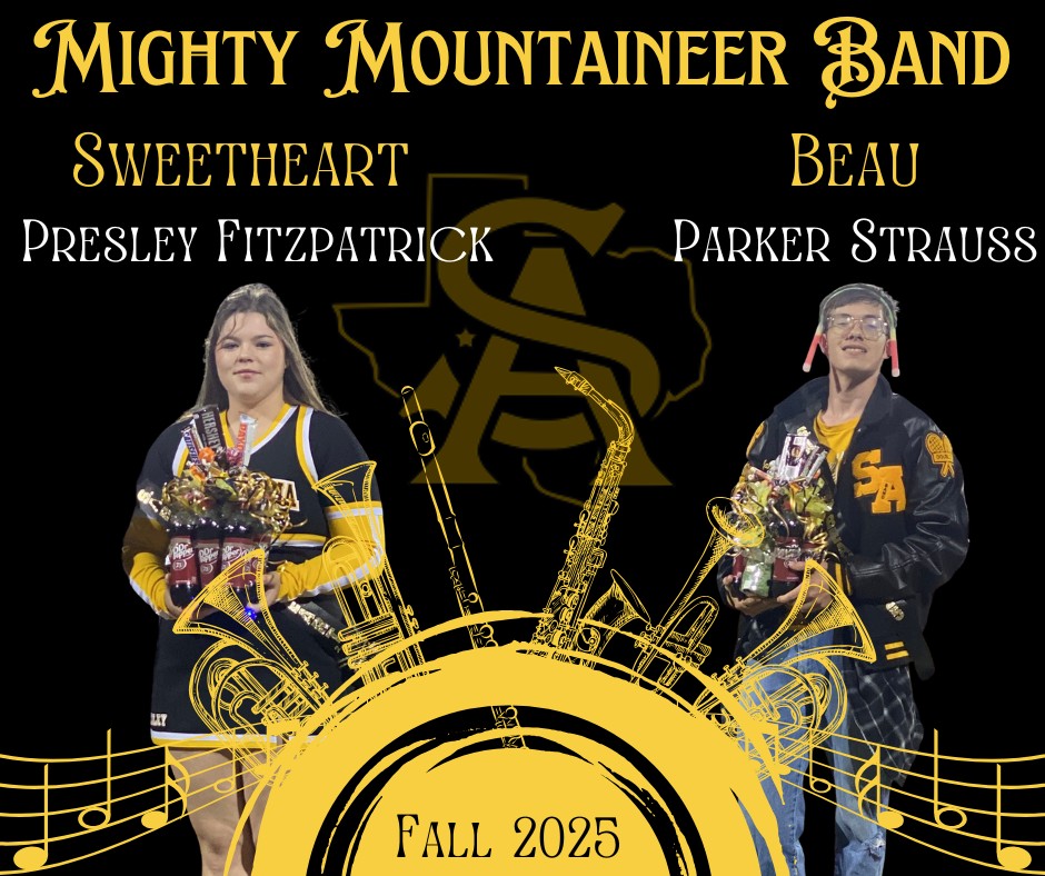 Image promoting the Mighty Mountaineer Band, featuring Sweetheart Presley Fitzpatrick and Beau Parker Strauss.