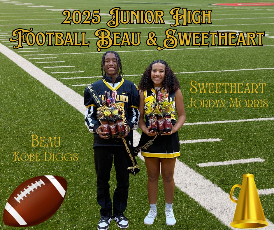 A young man and woman stand on a football field, holding gifts. Text reads '2025 Junior High Football Beau & Sweetheart'.