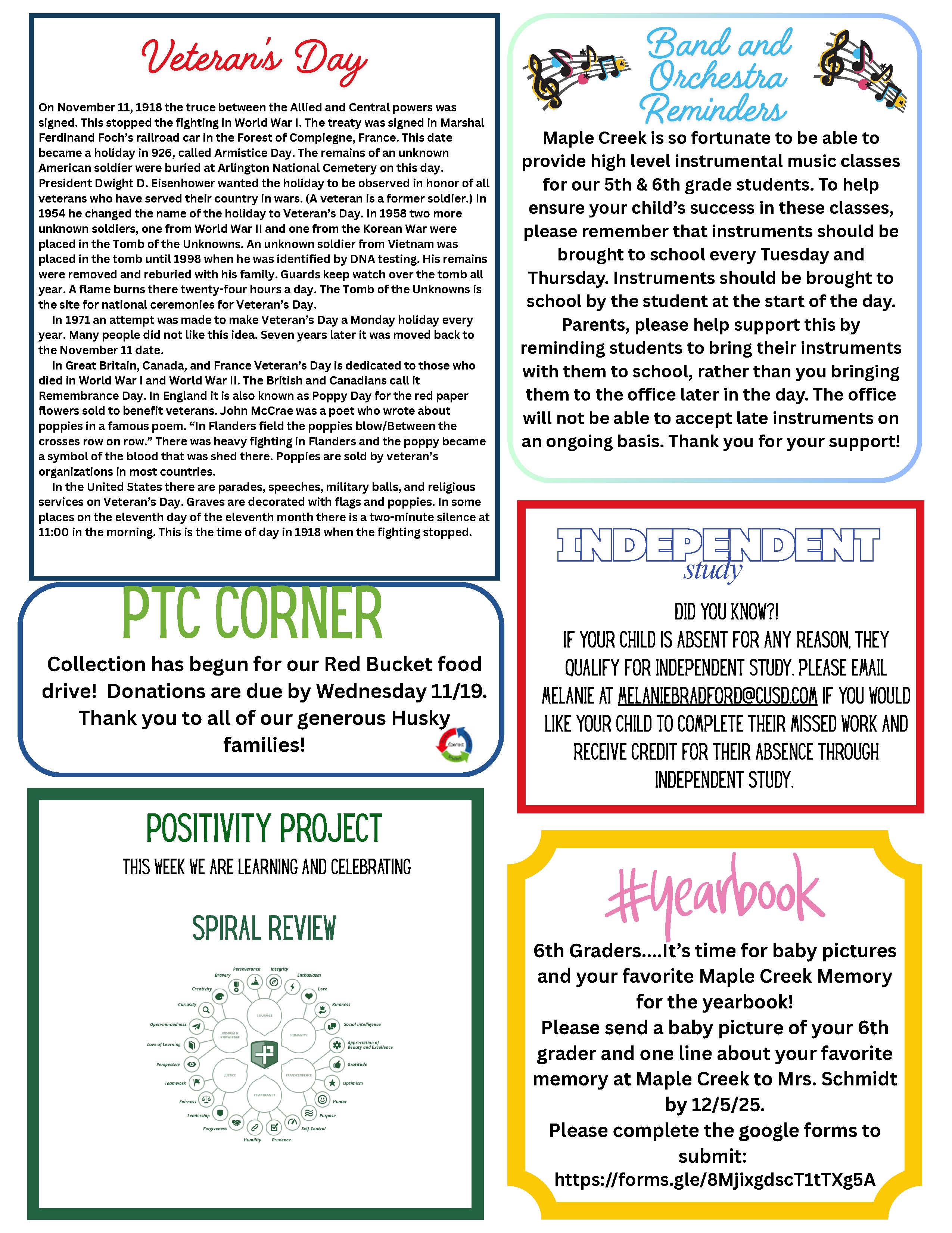 A flyer with information about Veteran's Day, band reminders, and school events.