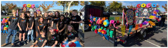 A group of students poses with a decorated float, likely for a parade.