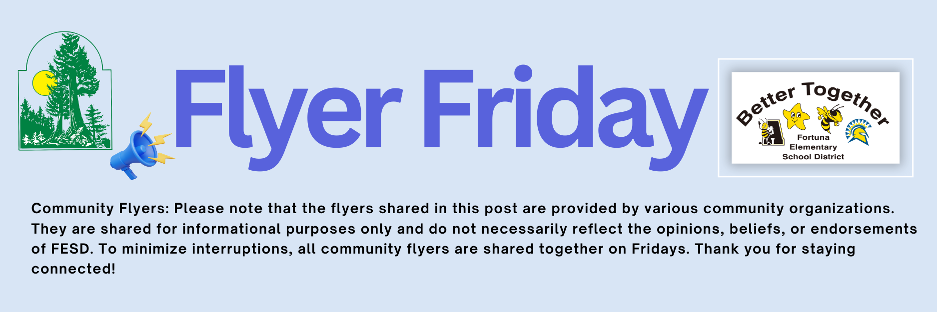 Flyer Friday announcement with logos and text, informing about community flyers.