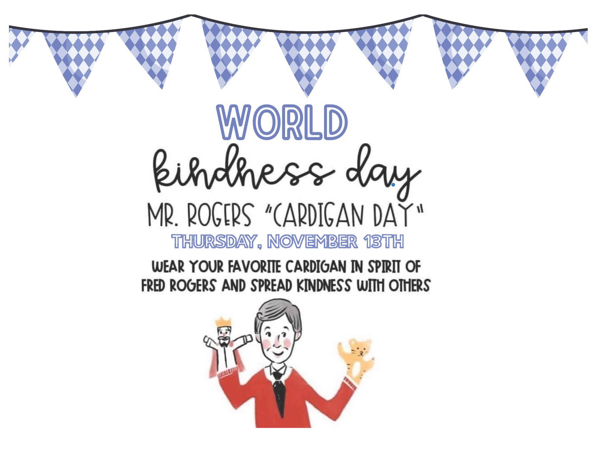 A poster promoting World Kindness Day, featuring Mr. Rogers and puppets.