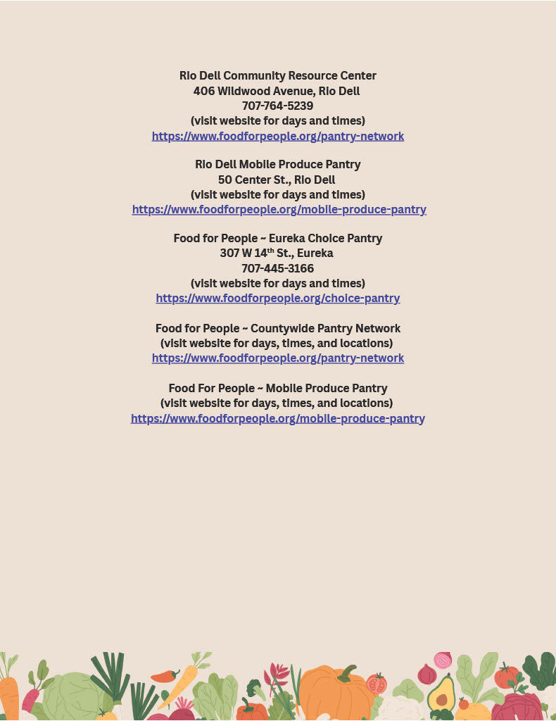 A flyer lists food pantry locations and contact information.