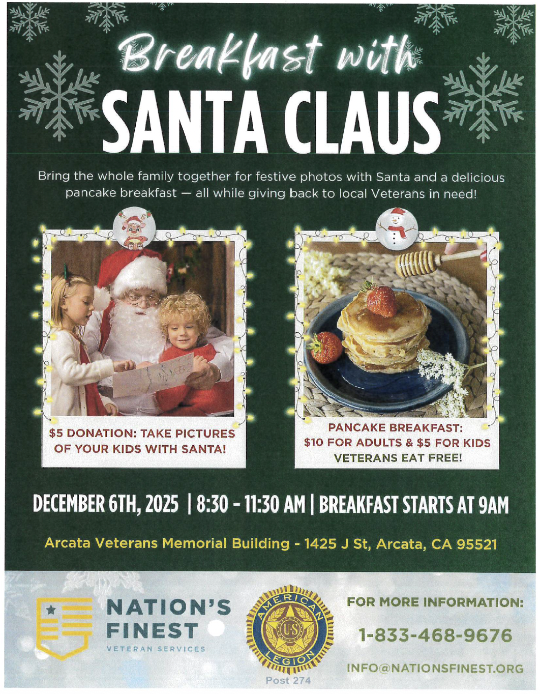 A flyer advertises a 'Breakfast with Santa Claus' event with photos and pancakes.