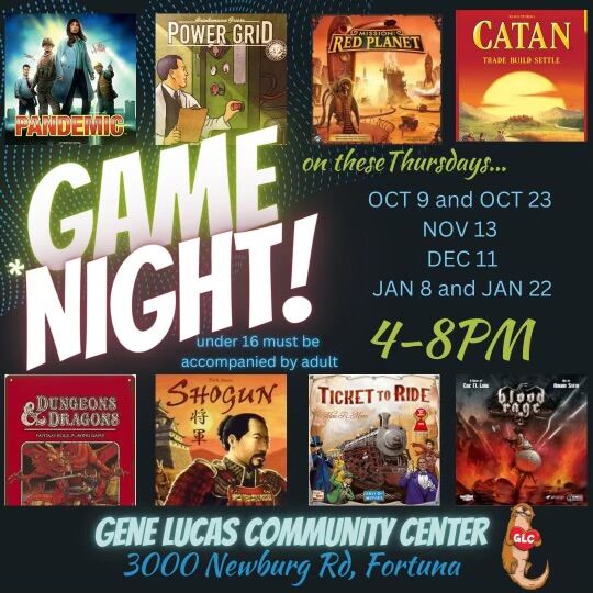 Game night flyer featuring board games like Pandemic and Catan, with dates and times listed.