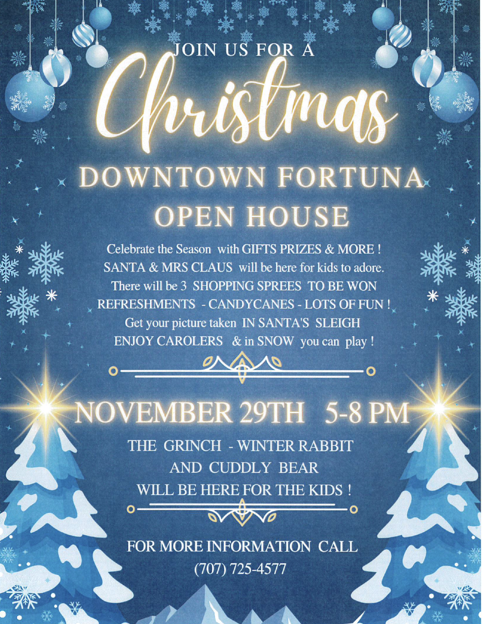 A festive Christmas Open House flyer with holiday decorations and text.