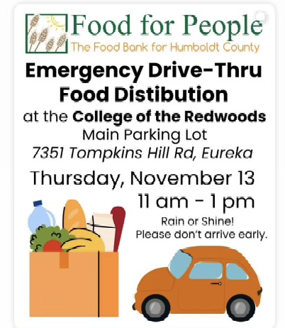 Flyer for a drive-thru food distribution event at College of the Redwoods.