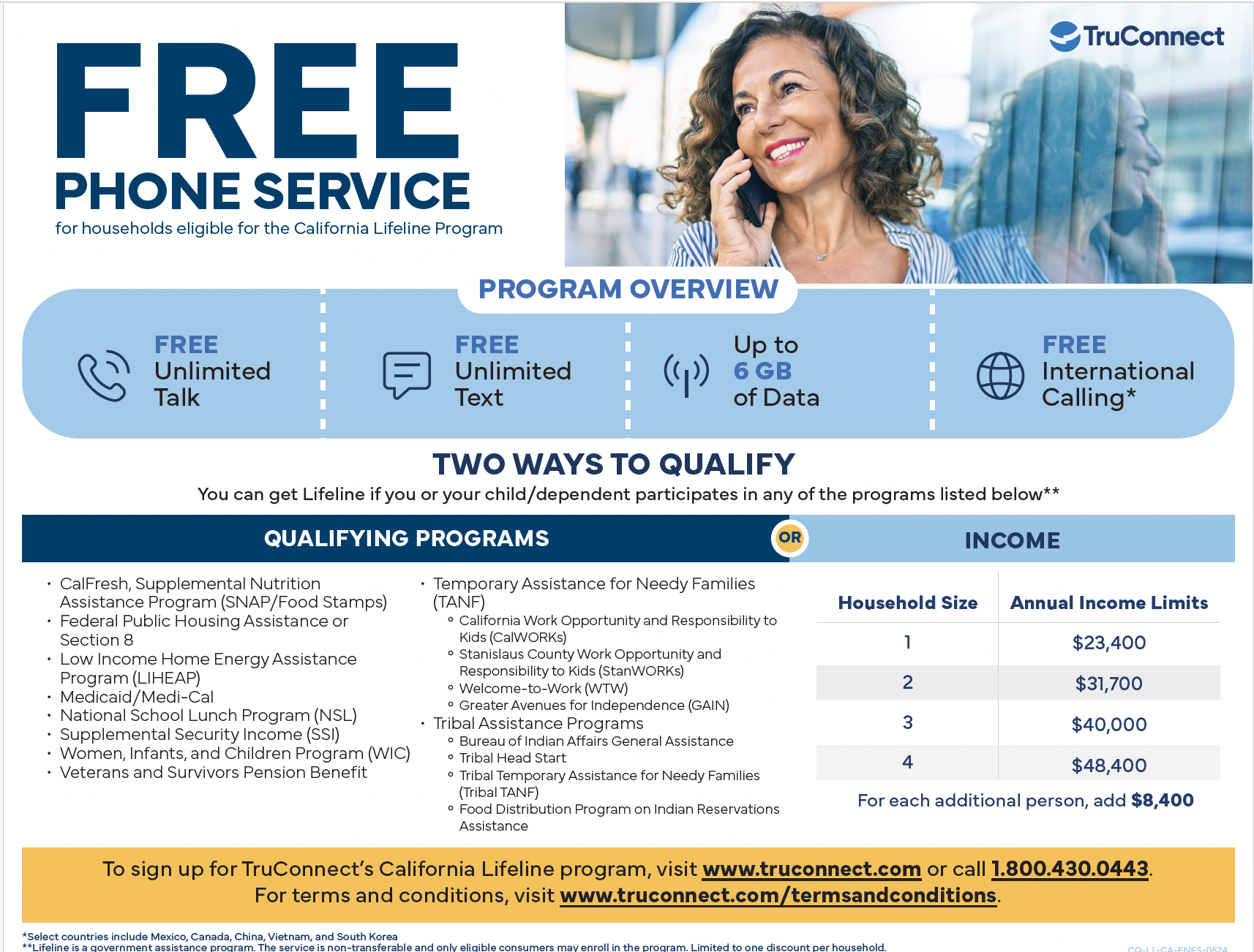 Advertisement for TruConnect's free phone service, featuring a woman on a call.
