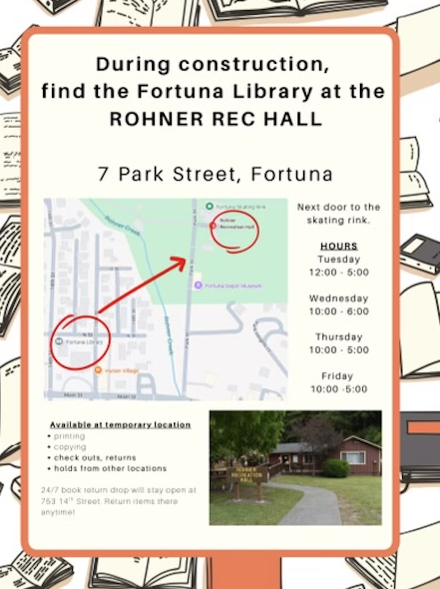 Informational poster showing the temporary location of the Fortuna Library during construction.