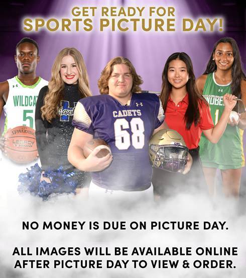 Students in sports uniforms pose for a picture day announcement.