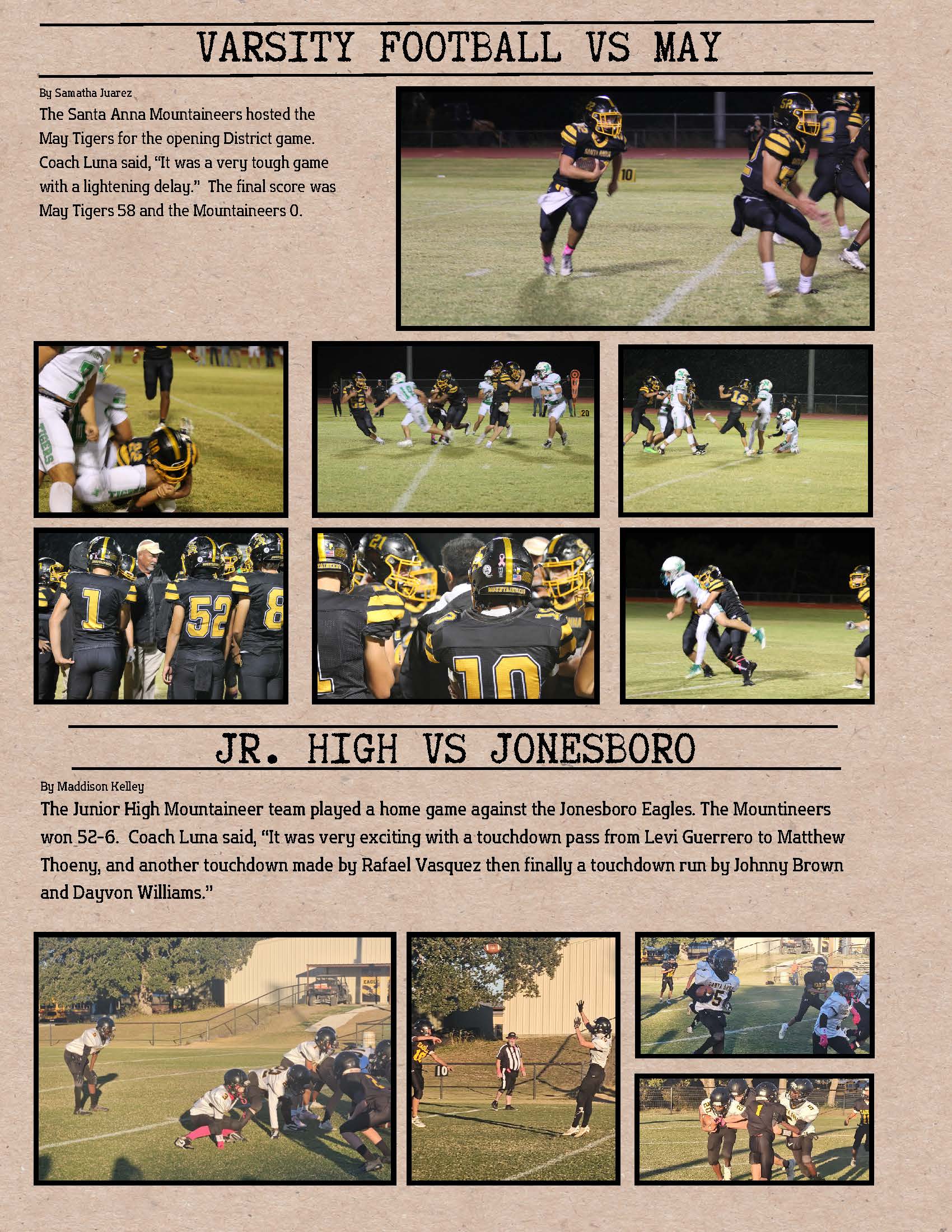 Football players in black and gold uniforms compete on a green field.