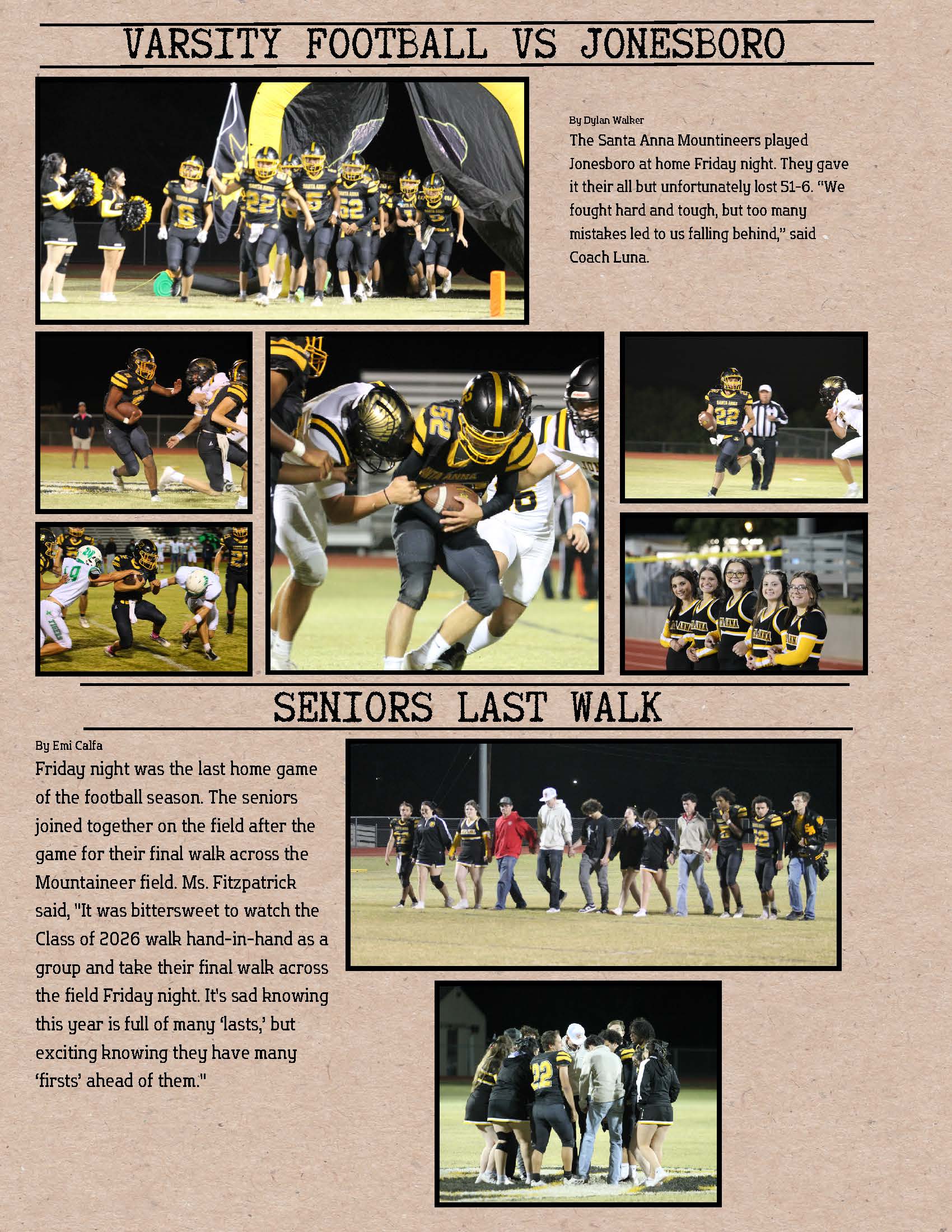 Football players in black and gold uniforms run onto the field through a tunnel.