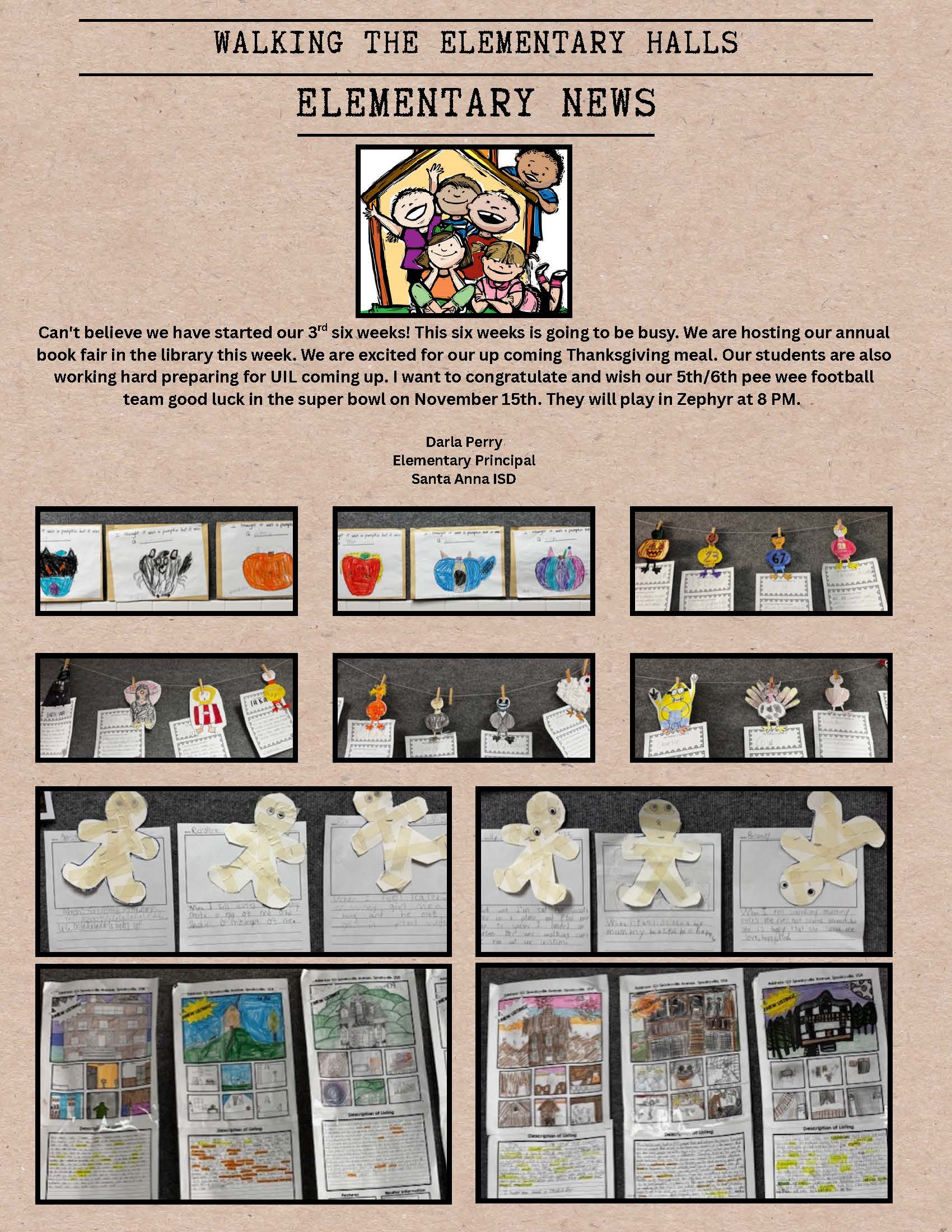 Elementary school newsletter with student artwork and announcements.