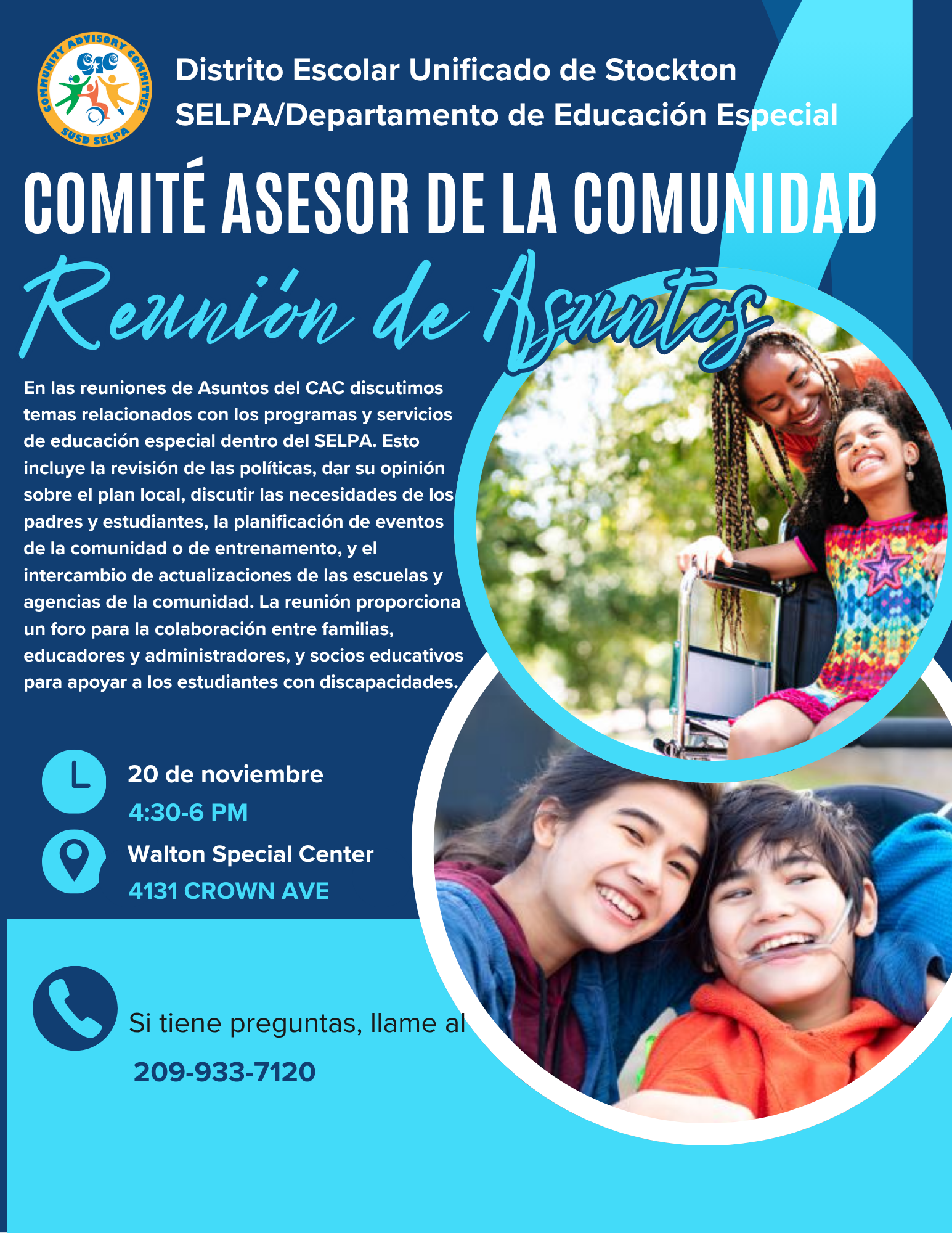 Flyer for a community advisory committee meeting with smiling children.