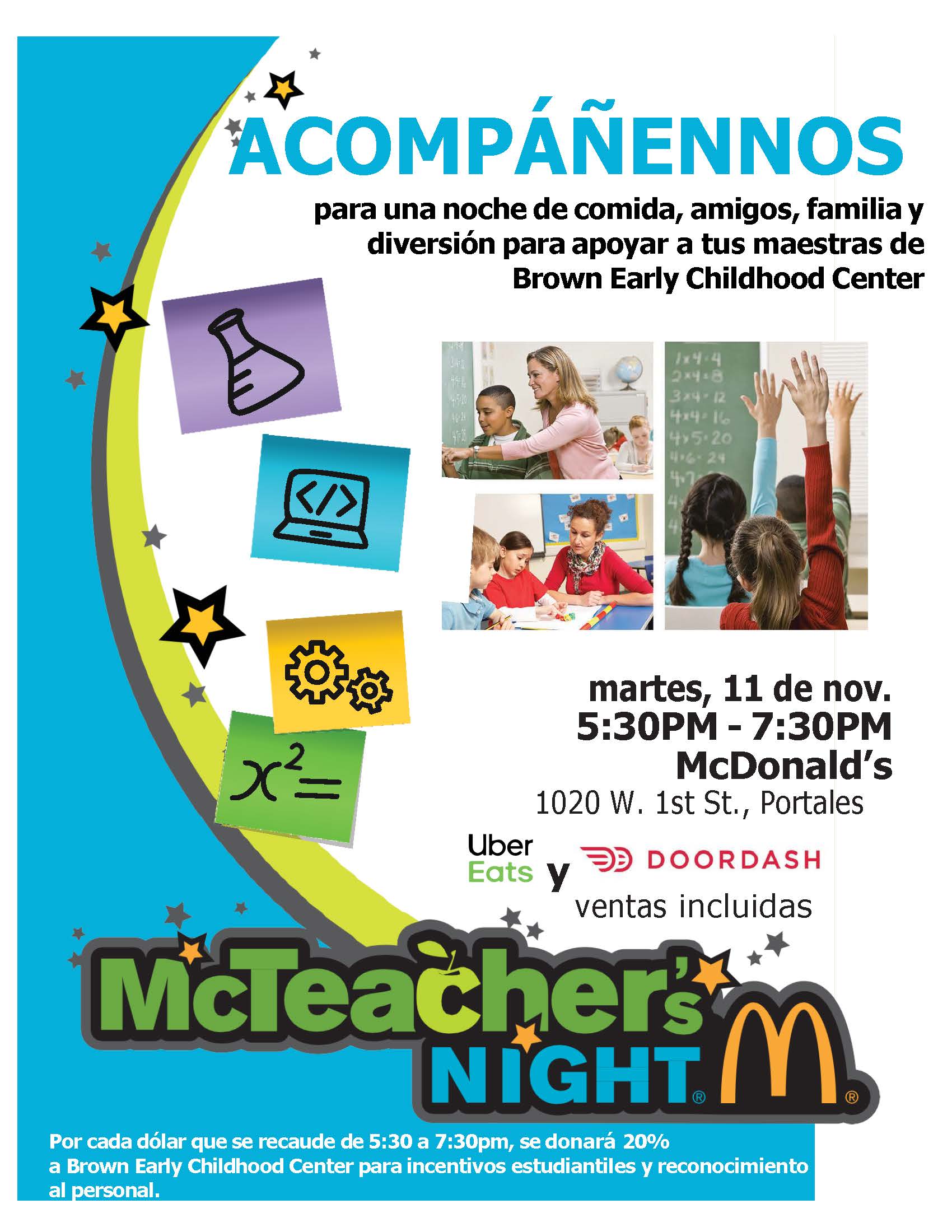 Promotional poster for McTeacher's Night at McDonald's, supporting Brown Early Childhood Center.