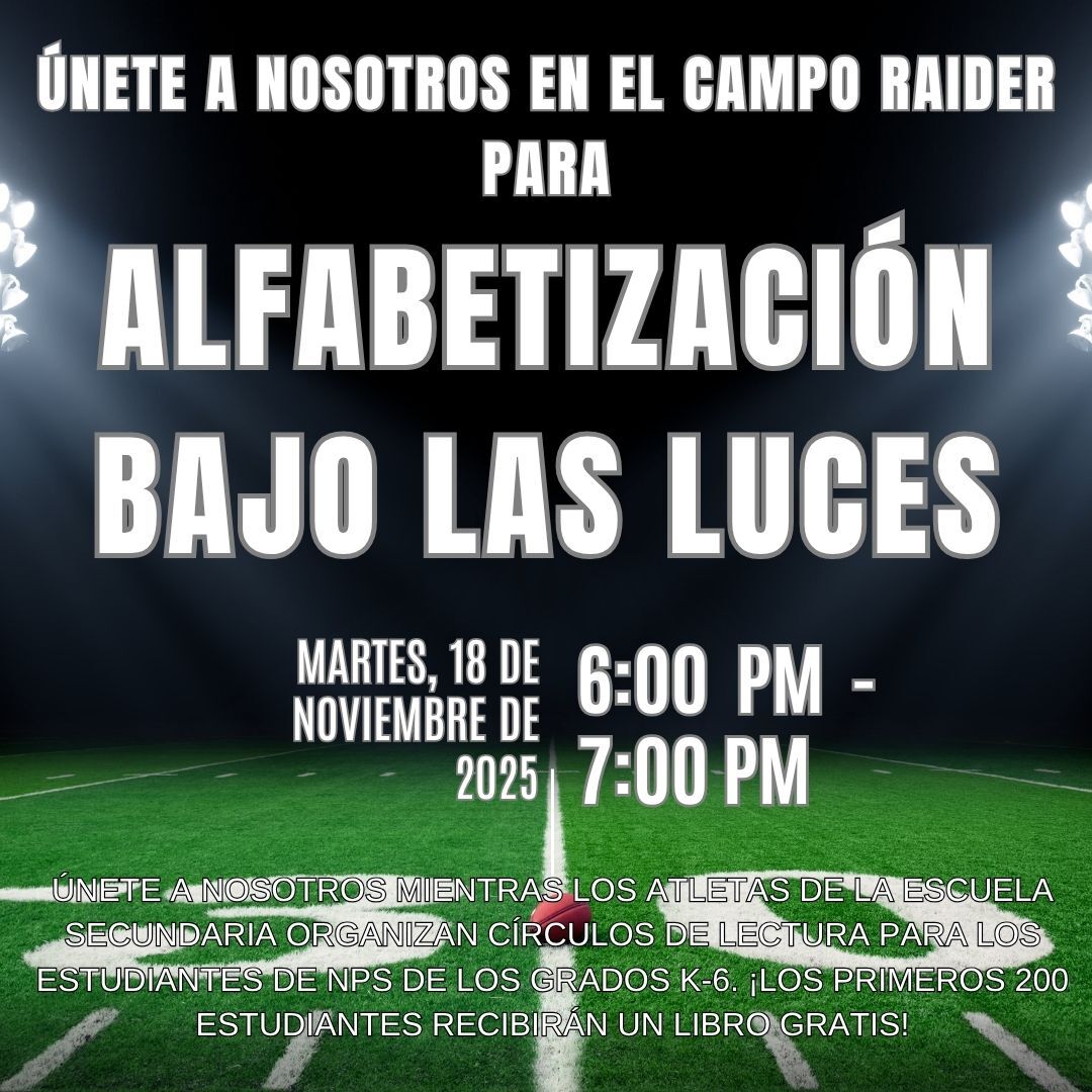 An event announcement on a football field, promoting literacy.