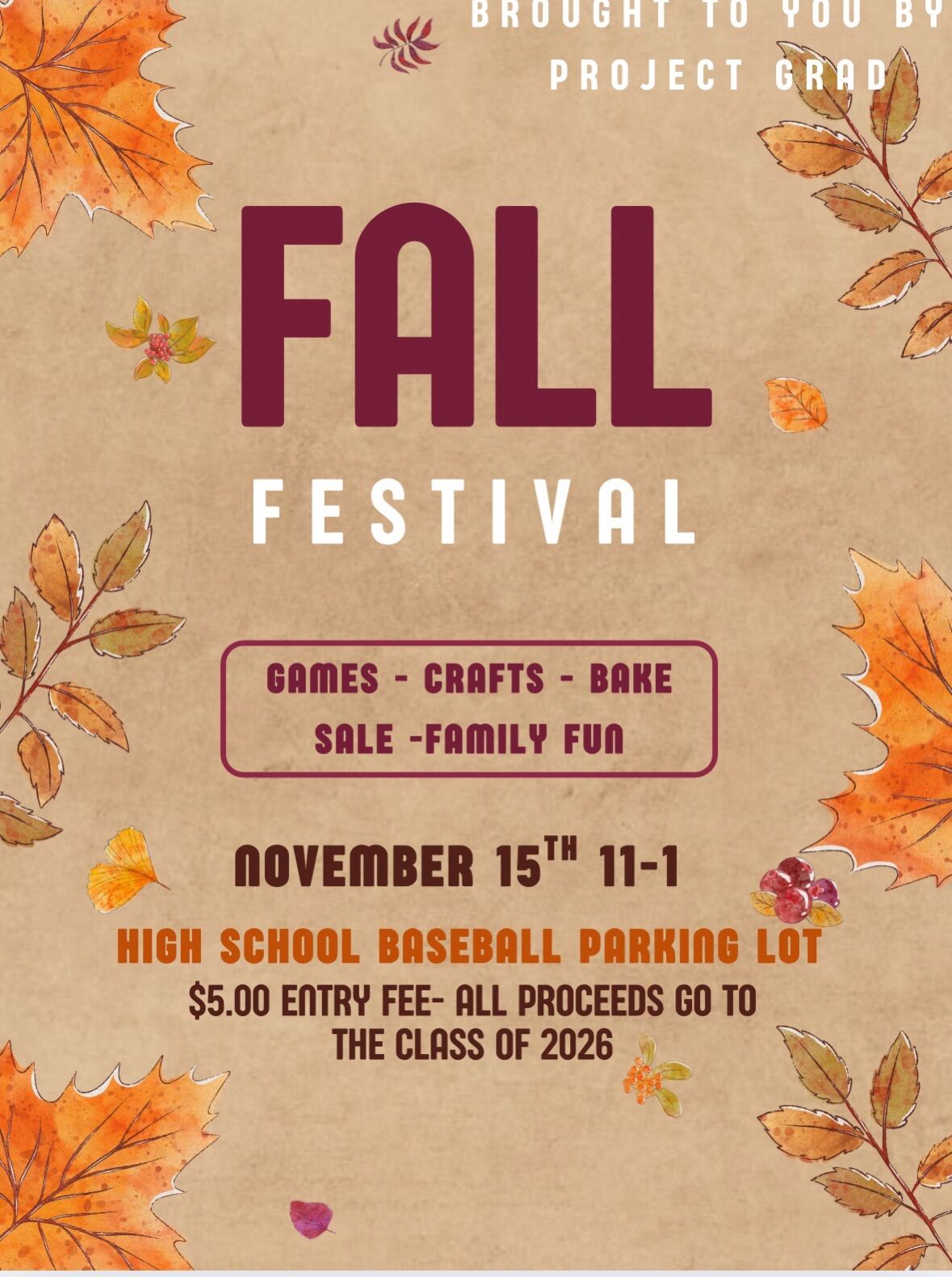 Fall Festival poster with autumn leaves and event details.