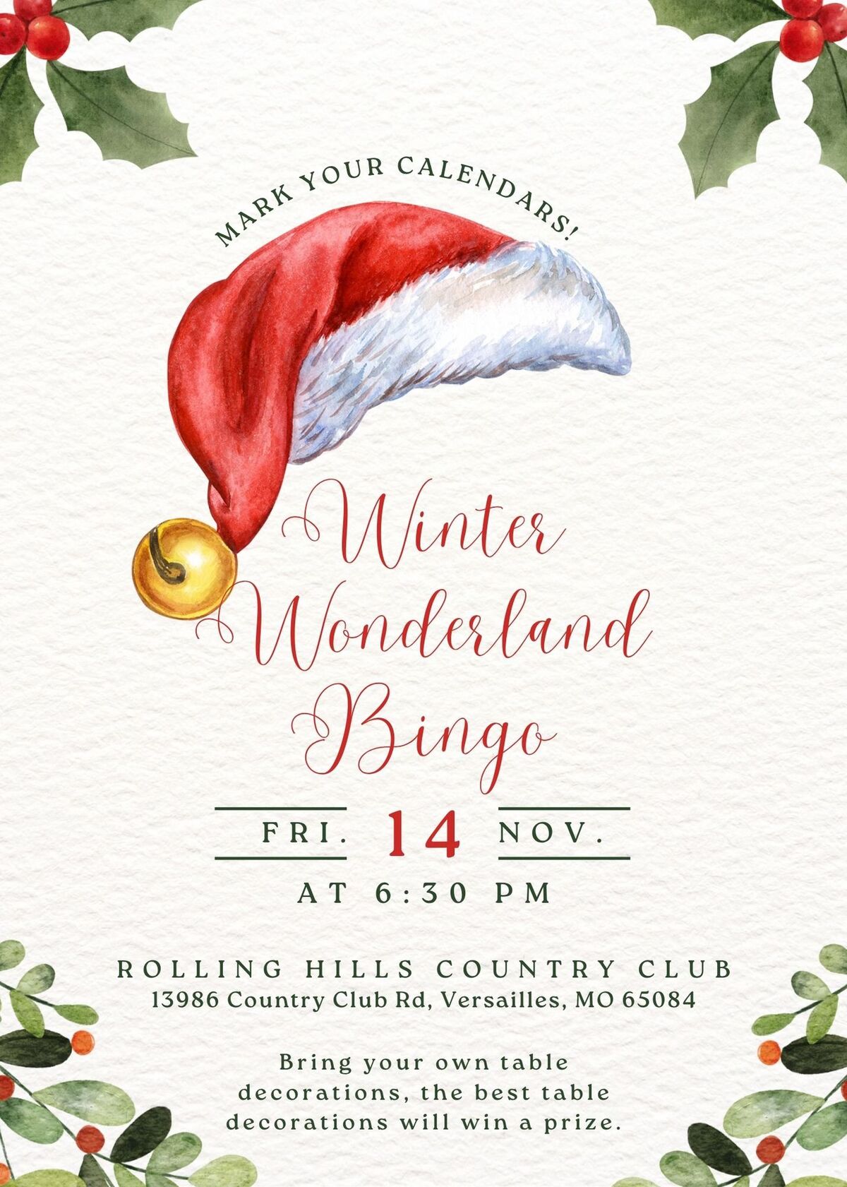 A festive invitation for Winter Wonderland Bingo, featuring a Santa hat and holly.
