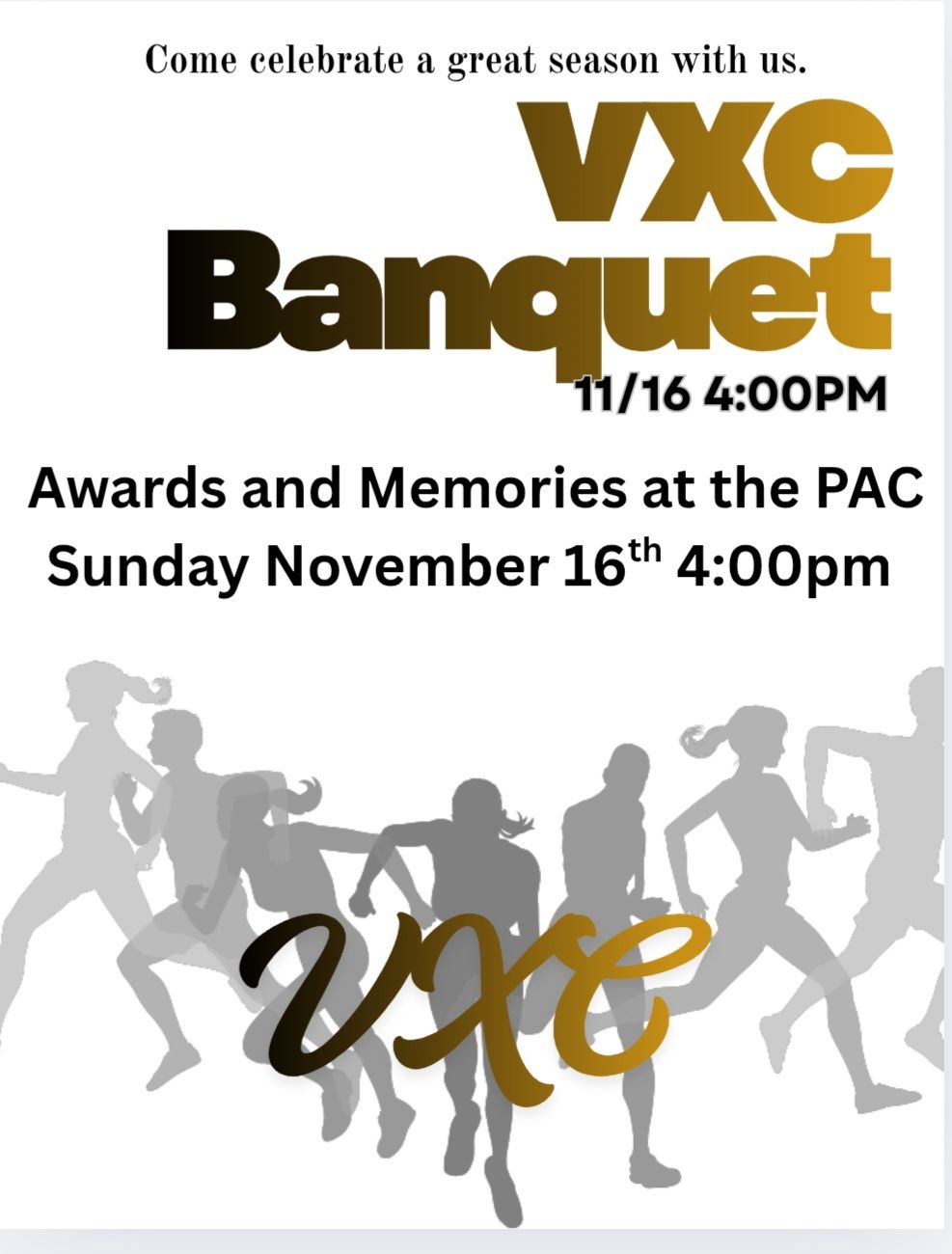 Poster for a VXC Banquet, featuring running silhouettes and event details.