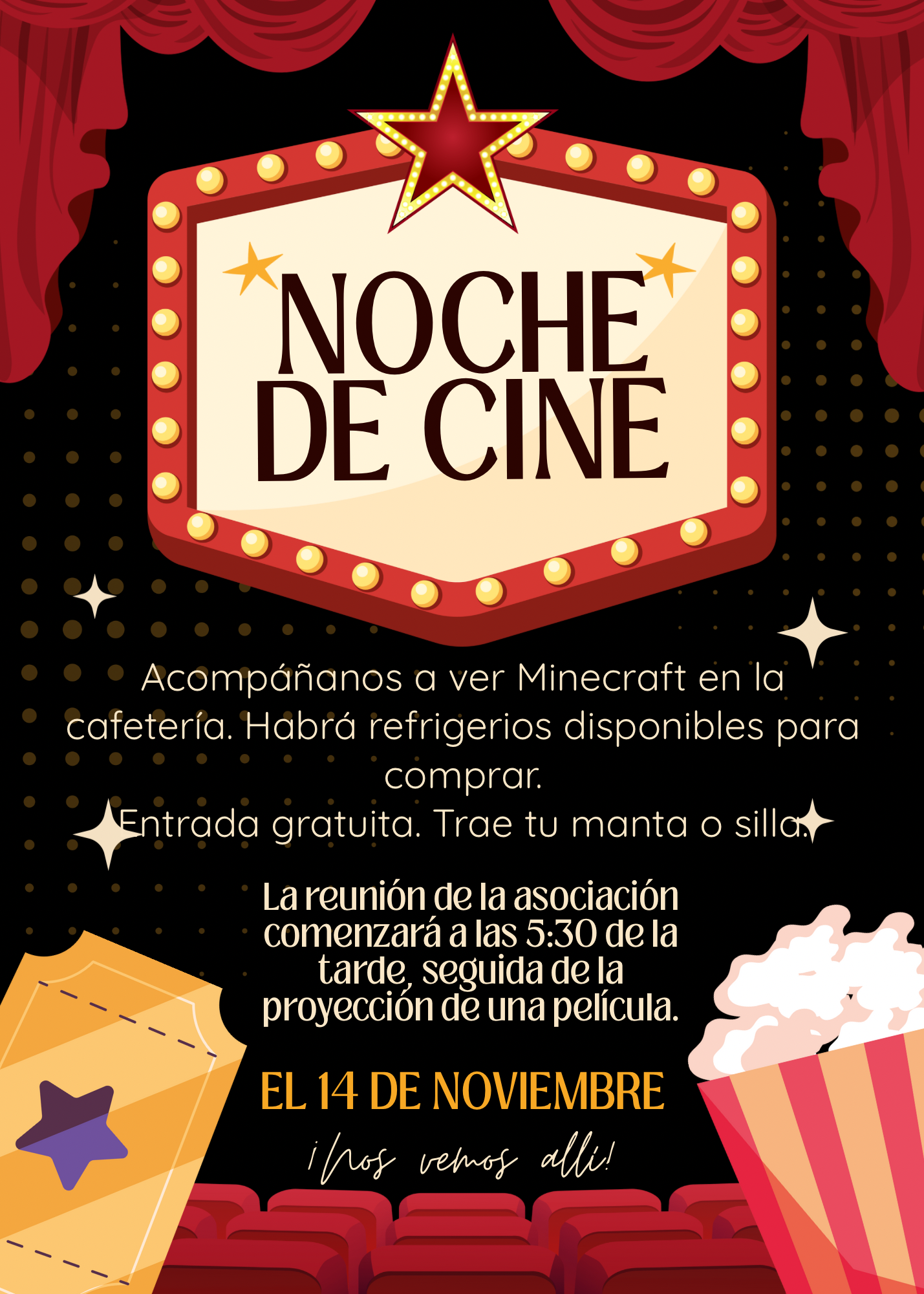 Movie night poster in Spanish with a marquee design and popcorn.
