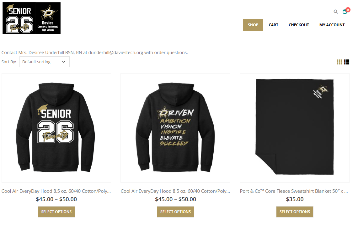 Website displaying Davies Career & Technical High School apparel, including hoodies and a blanket.