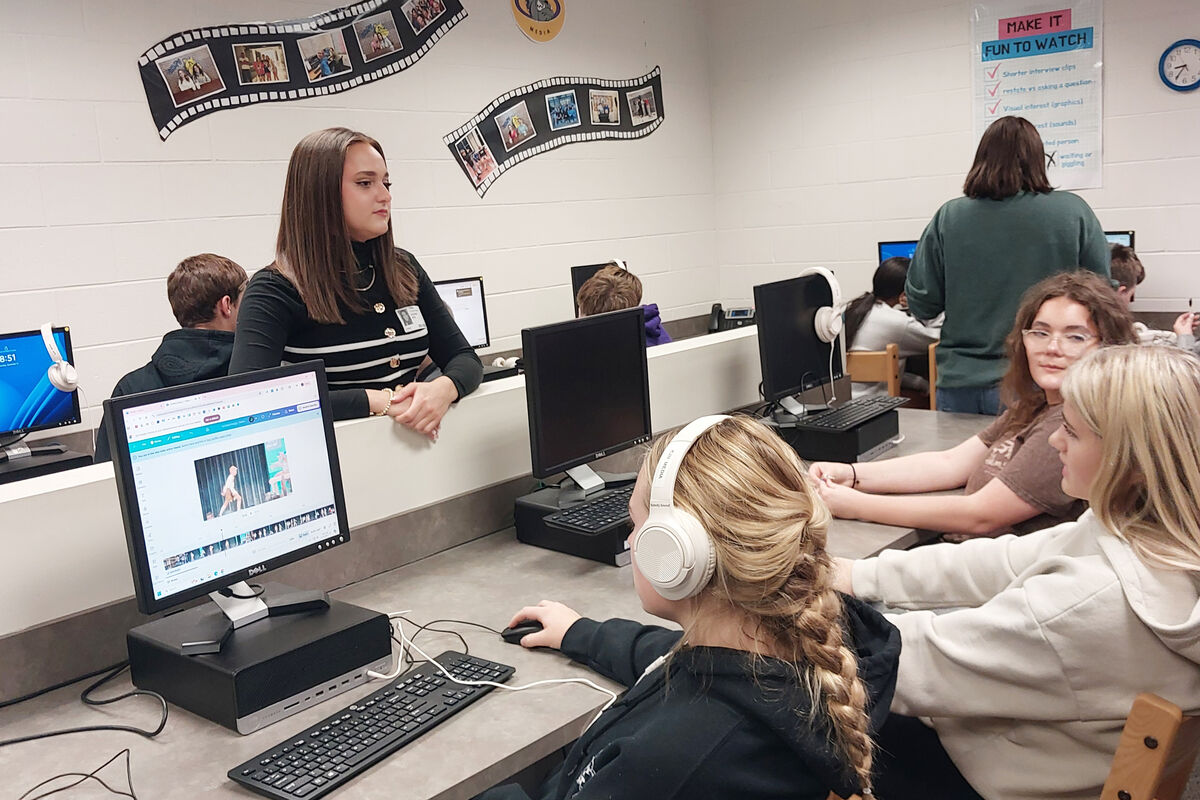 KCTV5 report Katie Byrd speaks with digital media students about their video projects on Nov. 13, 2025, during a visit to Kearney Junior High.