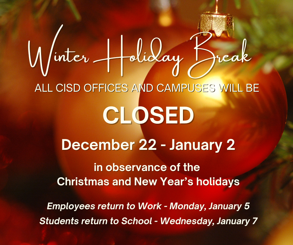 Holiday break announcement with festive ornaments and text.