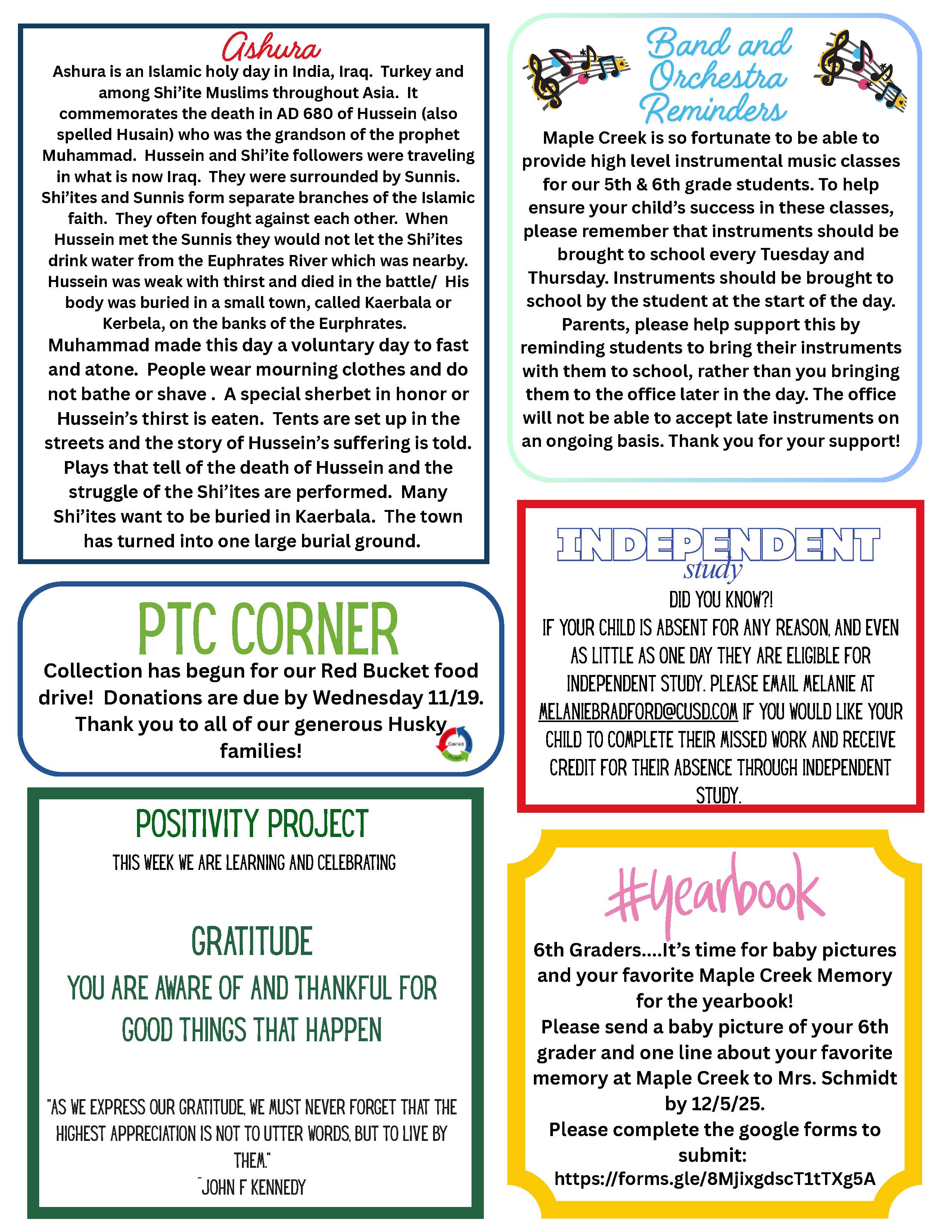 A school bulletin board displays announcements about Ashura, band reminders, and a yearbook.