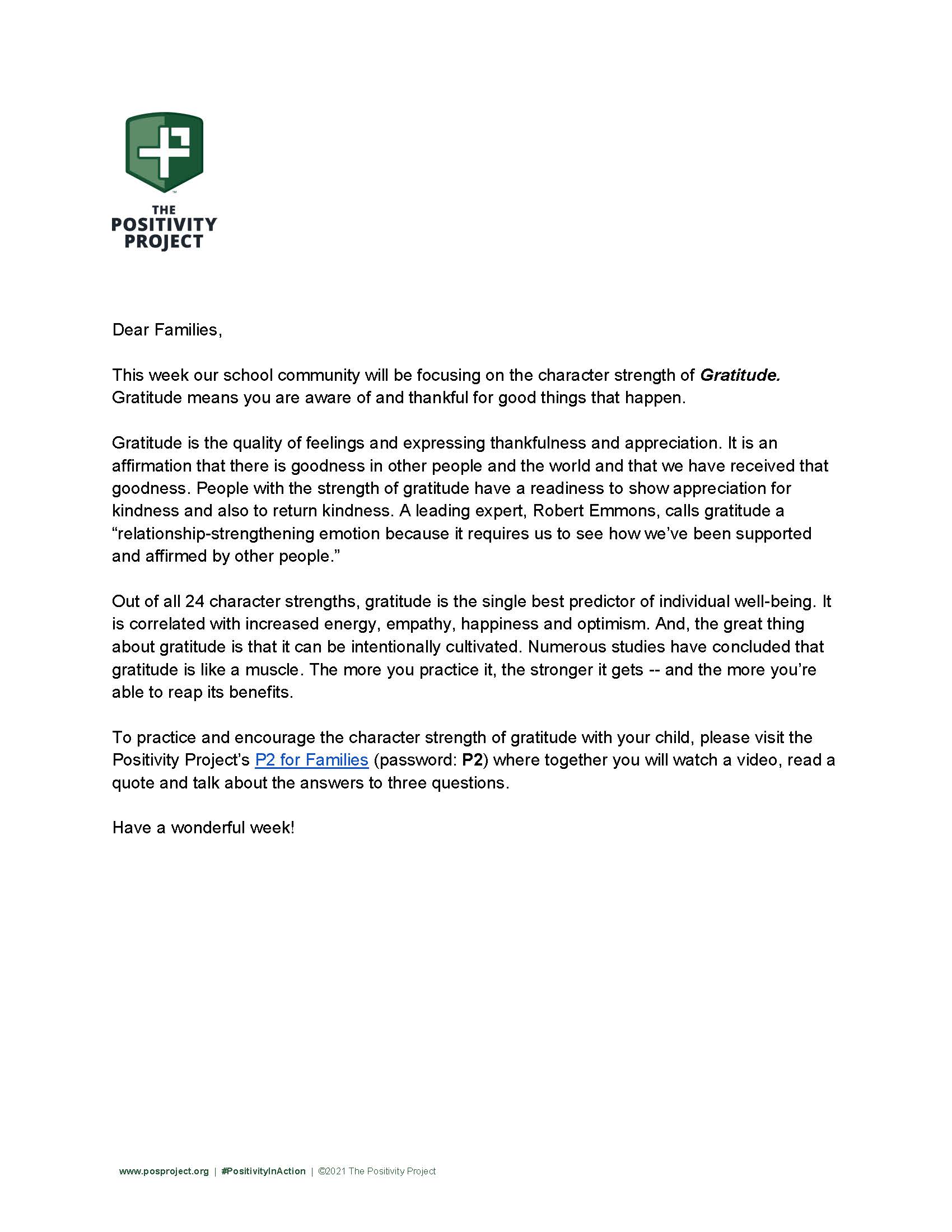 A letter from The Positivity Project discusses the character strength of gratitude.
