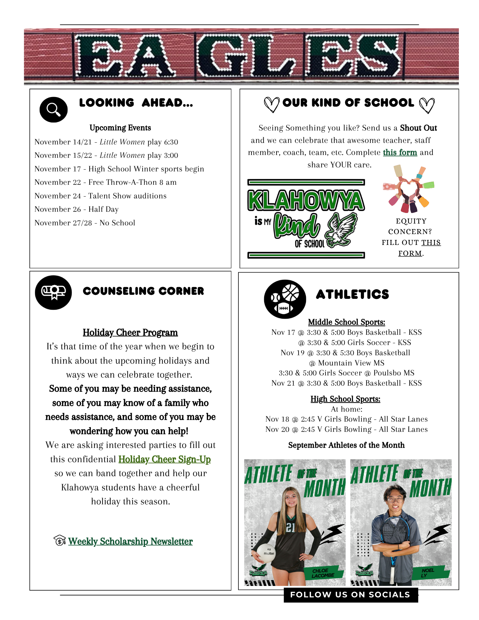 School bulletin board with upcoming events, announcements, and sports schedules.