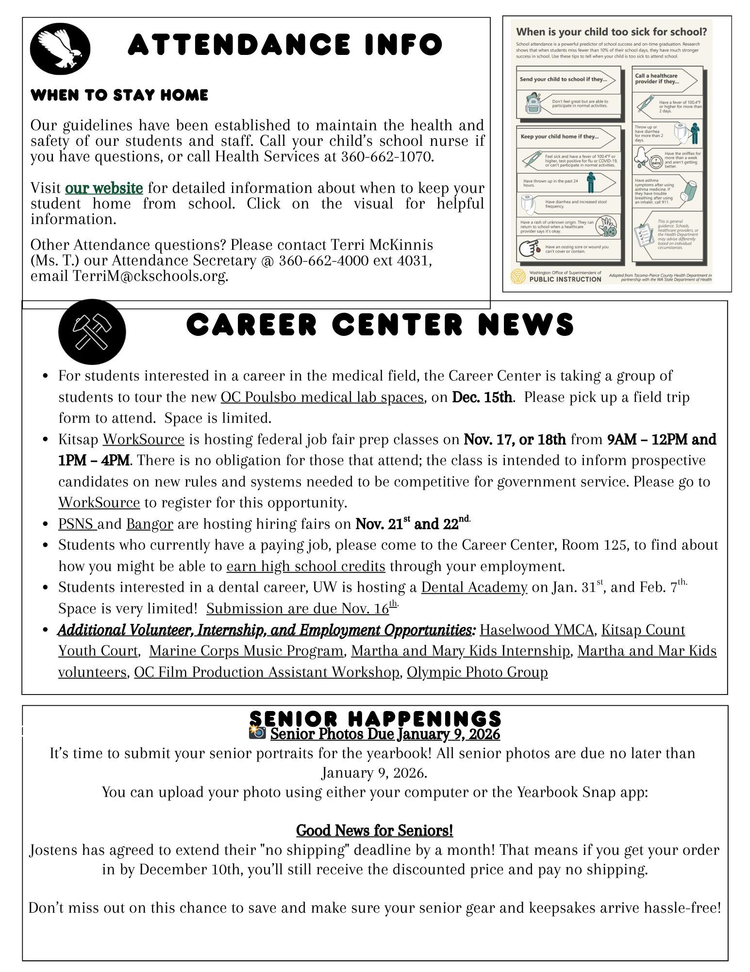Informational flyer with school attendance guidelines and career center news.