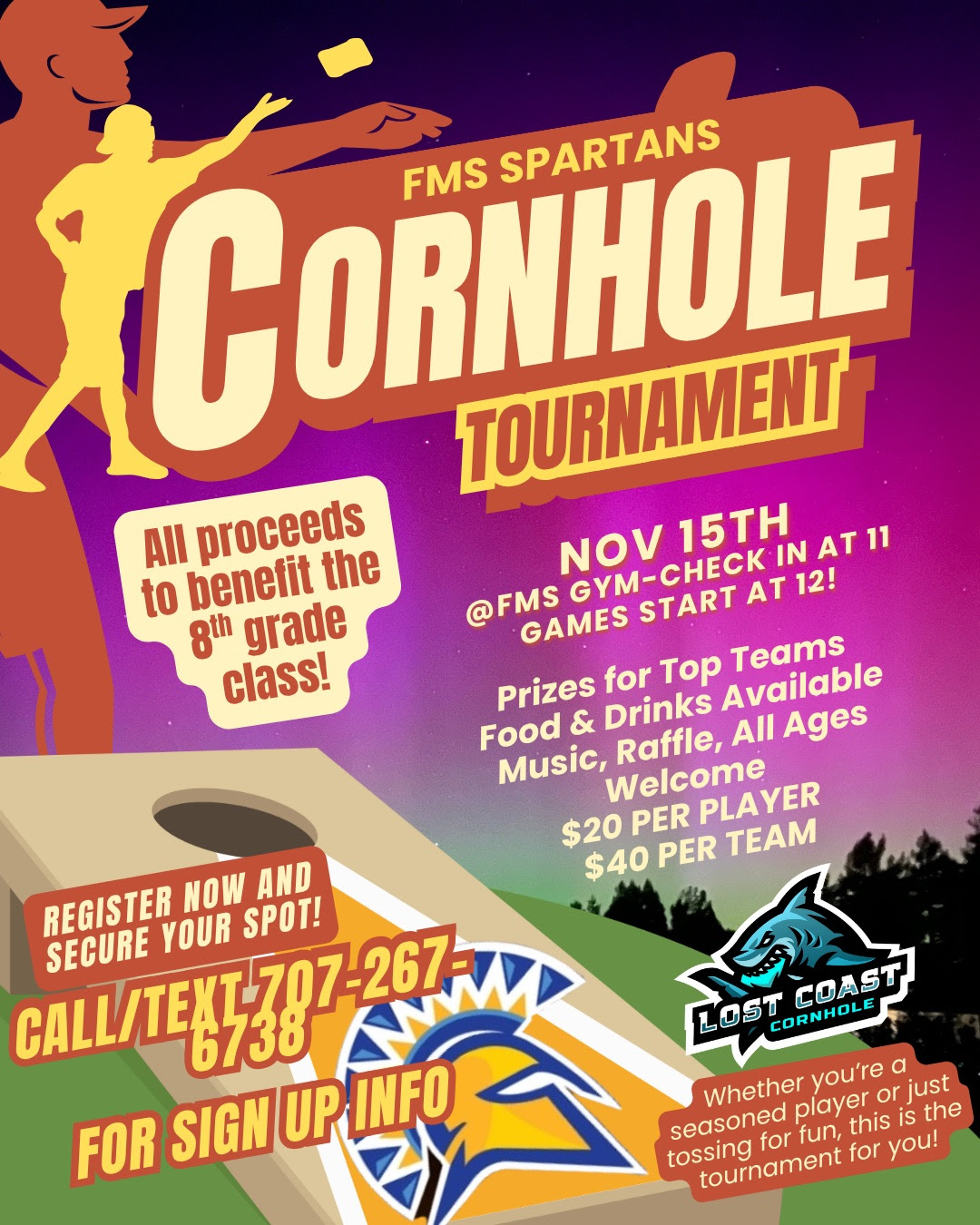 A promotional poster for a Cornhole Tournament, with event details and a graphic of a player throwing a beanbag.