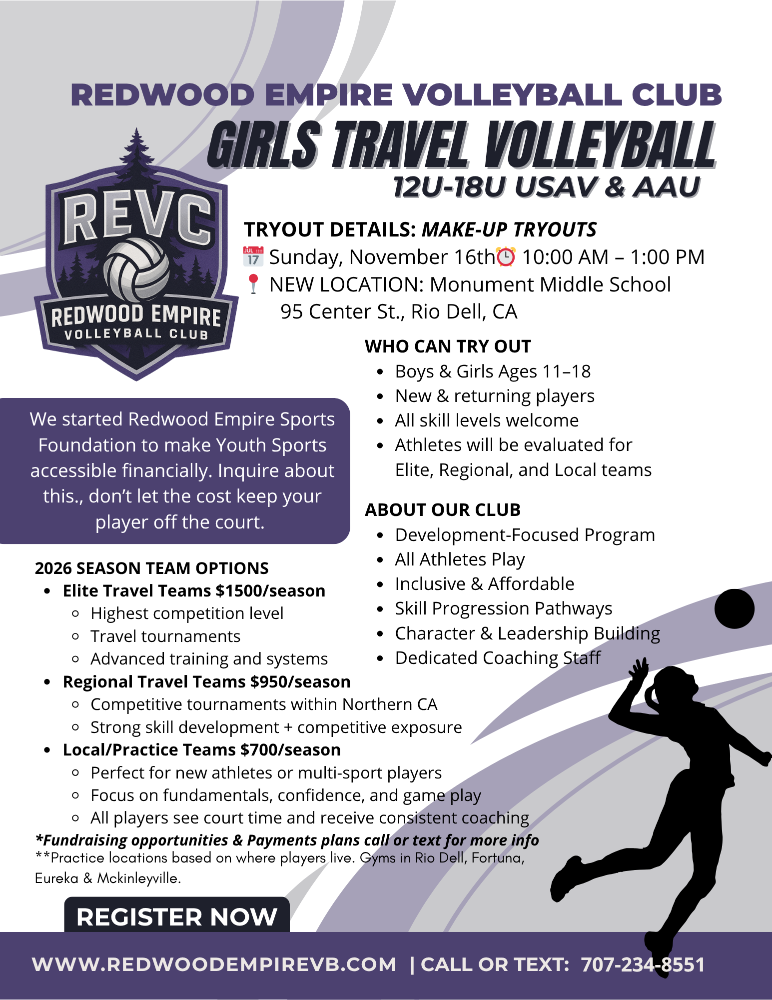 Flyer for Redwood Empire Volleyball Club Girls Travel Volleyball tryouts.