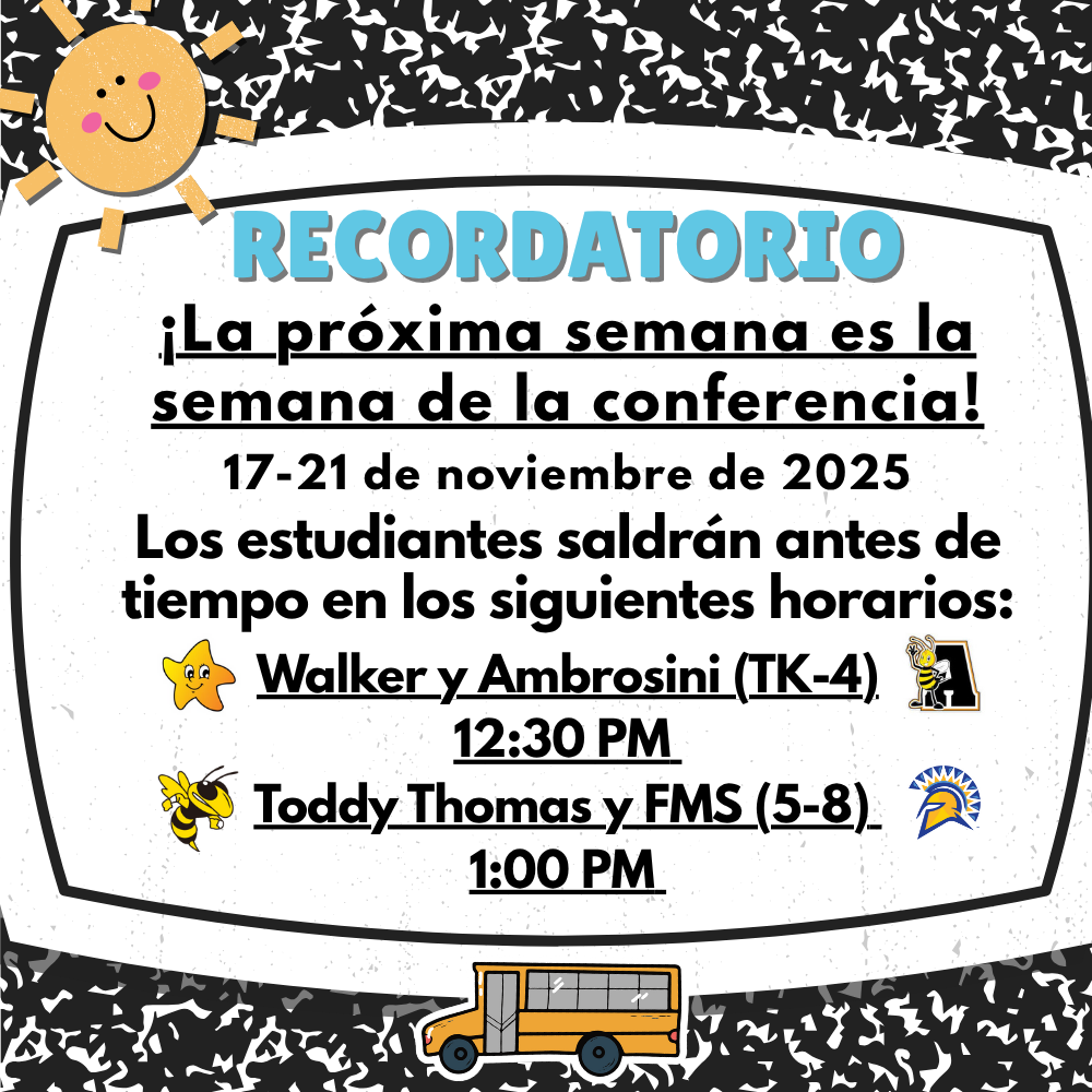 A school announcement in Spanish with a sun graphic and a school bus.