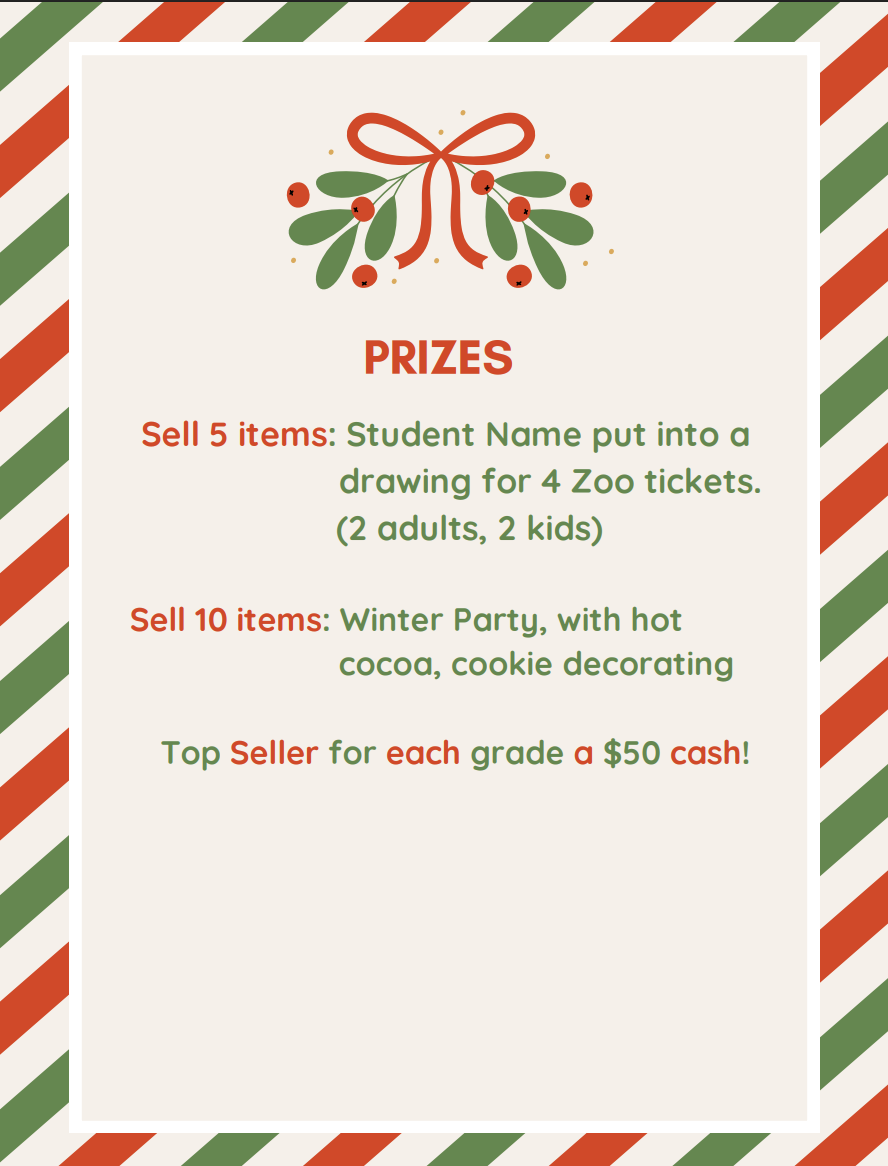 A festive poster announces prizes for a school fundraiser.