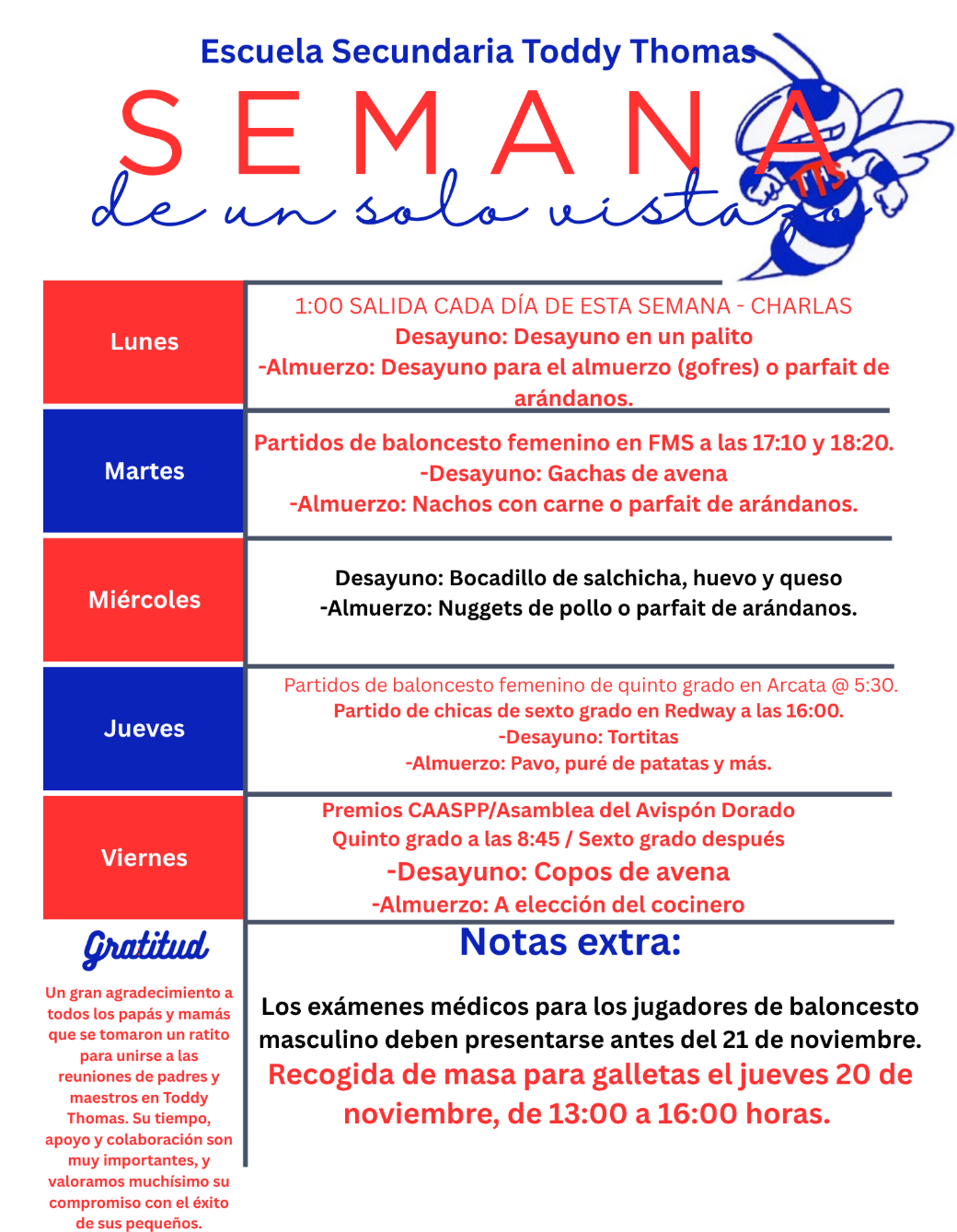 A school calendar with daily schedules, including sports and meal options.